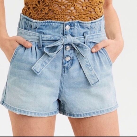 American Eagle Mom Shorts Belted Paper Bag Waist Button Fly Blue Sz 00 - Picture 1 of 14